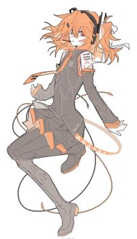 Rule 34 | 1girl, adachi rei, alternate costume, arm warmers, bad arm, black arm warmers, black boots, black hairband, black shirt, black skirt, boots, cable, collared shirt, commentary request, flat chest, fluffy hair, full body, hair ribbon, hairband, headset, highres, looking at viewer, medium hair, necktie, number tattoo, one side up, orange hair, orange necktie, orange trim, pealerprpr, pleated skirt, ribbon, shirt, sidelocks, simple background, skirt, sleeveless, sleeveless shirt, solo, standing, standing on one leg, tattoo, thigh boots, utau, wallet chain, white background, white ribbon