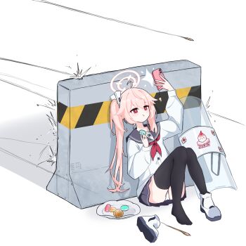 1girl 2_pycat :t absurdres ahoge arm_up ballistic_shield black_sailor_collar black_skirt black_thighhighs blue_archive blush_stickers boots bright_pupils bullet bullet_hole cardigan cellphone closed_mouth commentary cookie eating english_commentary english_text engrish_commentary food full_body hair_between_eyes halo hand_up highres holding holding_food holding_phone knees_together_feet_apart knees_up korean_commentary long_hair long_sleeves looking_at_phone macaron miniskirt mixed-language_commentary motion_lines natsu_(blue_archive) necktie panties phone pink_hair pink_halo pleated_skirt red_eyes red_necktie sailor_collar school_uniform serafuku shield side_ponytail sidelocks simple_background single_boot sitting skirt smartphone solo taking_picture thighhighs thighs traffic_barrier underwear very_long_hair white_background white_boots white_cardigan white_panties white_pupils zettai_ryouiki