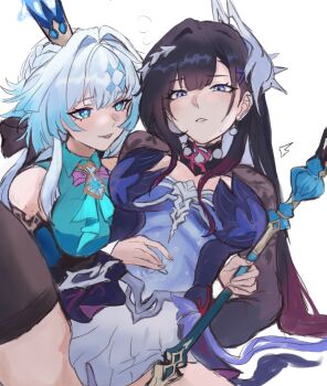 Rule 34 | black hair, black thighhighs, blue dress, blue eyes, blue hair, breasts, cerydra (honkai: star rail), commentary, crown, dress, earrings, english commentary, hair intakes, hair ornament, hand on another's stomach, holding, holding scepter, honkai: star rail, honkai (series), hysilens (honkai: star rail), jewelry, large breasts, long hair, medium breasts, mirshumanji, scepter, shrug (clothing), thighhighs, thighs, very long hair, yuri