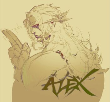 Rule 34 | 1boy, alex (street fighter), arm up, character name, closed mouth, fingerless gloves, frown, gloves, headband, hellkat, highres, long hair, looking at viewer, looking back, male focus, monochrome, sketch, solo, street fighter, street fighter iii (series), topless male, upper body