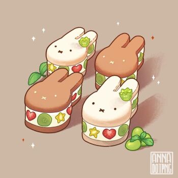 Rule 34 | animal-themed food, annadotpng, artist name, brown background, commentary, english commentary, food, food focus, fruit, heart, ice cream, ice cream sandwich, kiwi (fruit), kiwi slice, leaf, no humans, original, rabbit, shadow, sparkle, starfruit, strawberry, strawberry slice, watermark