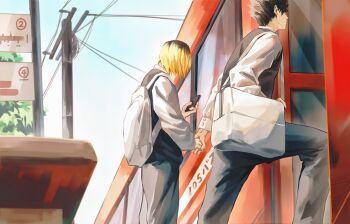 2boys backpack bag black_hair black_sweater blonde_hair bus chinese_commentary collared_shirt commentary_request from_side grey_pants haikyuu!! highres holding_hands kozume_kenma kuroo_tetsurou male_focus maomao4625 motor_vehicle multicolored_hair multiple_boys pants power_lines roots_(hair) shirt short_hair standing sweater two-tone_hair utility_pole white_bag white_shirt yaoi