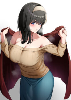 1girl aqua_skirt black_hair blue_eyes blush breasts brown_sweater cleavage collarbone commentary_request hairband highres idolmaster idolmaster_cinderella_girls large_breasts looking_at_viewer medium_hair off-shoulder_sweater off_shoulder red_shawl ribbed_sweater sagisawa_fumika shawl simple_background skirt solo steaming_body sweater tori_(2020toryiu) white_hairband