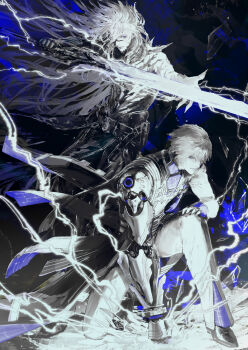 2boys blue_eyes blue_shirt calcharo_(wuthering_waves) closed_mouth clothes_around_waist coat coattails commentary_request electricity floating_hair hand_on_own_knee highres holding holding_sword holding_weapon limited_palette long_hair looking_ahead male_focus mechanical_arms mechanical_hands multiple_boys on_one_knee pants purple_eyes shirt short_hair single_mechanical_arm single_mechanical_hand smile sword very_long_hair weapon white_coat white_hair white_pants wuthering_waves xiangli_yao_(wuthering_waves) yoshi_(houndbell)