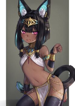 1girl absurdres ancient_egyptian_clothes animal_ear_piercing animal_ears armlet black_hair black_thighhighs blue_hair blunt_ends bracelet breasts cat_ears cat_girl cat_tail circlet colored_inner_hair dark-skinned_female dark_skin earrings fang gold_armlet gold_bracelet gold_circlet gold_collar highres if_you_want_to_become_a_godly_artist_(trend) jewelry kneeling looking_at_viewer low-tied_sidelocks mimicrutix multicolored_hair navel open_mouth original pelvic_curtain purple_eyes raised_inner_eyebrows short_hair sidelocks sling_bikini_top small_breasts stomach sweat tail thighhighs toeless_legwear usekh_collar