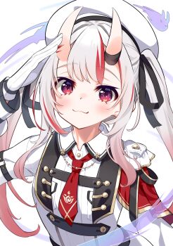 1girl :3 beret black_ribbon closed_mouth commentary_request gloves gold_trim gradient_hair grey_hair hair_between_horns hair_ribbon hand_up hat highres hololive horns jacket karma_(nakiri_ayame) kutata long_hair looking_at_viewer multicolored_hair nakiri_ayame nakiri_ayame_(9th_costume) necktie official_alternate_costume official_alternate_hairstyle oni red_eyes red_hair red_necktie ribbon salute short_necktie sidelocks simple_background skin-covered_horns solo streaked_hair twintails two-tone_hair upper_body virtual_youtuber white_background white_gloves white_hat white_jacket