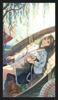1girl black_border black_skirt boat border brown_eyes commentary_request day fish frog green_hair high-waist_skirt highres japanese_clothes kimono leaf_print light_particles long_sleeves lying medium_hair multicolored_hair oil-paper_umbrella on_back on_boat original outdoors parted_lips pink_streaks pleated_skirt print_kimono rowboat shurock skirt solo streaked_hair toad_(animal) tree umbrella water watercraft white_kimono