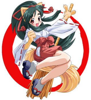 Rule 34 | 1girl, animal ears, animal hands, bad id, bamboo broom, black hair, bow, broom, claws, fang, full body, hair bow, hakama, hakama short skirt, hakama skirt, holding, holding broom, japanese clothes, kimono, long hair, looking at viewer, nontraditional miko, original, ponytail, red bow, red eyes, red hakama, sandals, skirt, socks, solo, tabi, taguchi makoto, tail, tassel, white kimono, white socks, wide sleeves, zouri