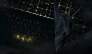 aircraft airfield airplane city_lights commentary eldian f-117_nighthawk fighter_jet fire flying from_above high_up highres military military_vehicle night no_humans original smoke stealth_aircraft vehicle_focus