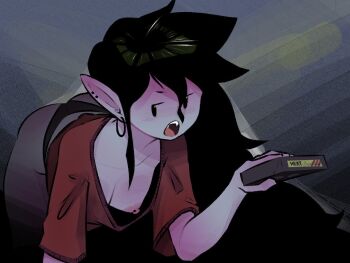 1girl adventure_time all_fours ass bent_over black_hair black_panties breasts colored_skin dabble downblouse ear_piercing earrings grey_skin hair_between_eyes holding jewelry long_hair looking_at_viewer marceline_abadeer medium_breasts monster_girl nipple_slip nipples no_bra oversized_clothes oversized_food oversized_object panties piercing pointy_ears red_shirt shirt solo underwear vampire videocassette wardrobe_malfunction