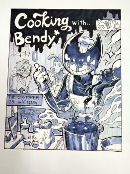 3boys apron bacon bad_food bag bendy bendy_and_the_ink_machine boiling boris_the_wolf bound carrot cartoonized cooking cutting_board demon english_text flask food gagged ghost glasses gloves grin hat holding holding_flask holding_ladle hungry image_in_thought_bubble ink ink_(medium) kidnapped kitchen knife ladle licking_lips marker_(medium) melting mini_chef_hat mini_hat multiple_boys onion overalls paper_bag salt_shaker sitting smile spirit table tied_up_(nonsexual) tongue tongue_out toon_(style) toothpaste_dd traditional_media turn_pale white_apron white_gloves wolf_boy