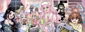 6+girls :d animal animal_costume bare_shoulders black_dress black_hair blonde_hair blue_cardigan breasts brown_eyes brown_hair can cardigan cleavage closed_mouth commentary dog double-parted_bangs dress drink_can eating english_commentary food friends green_eyes green_streaks grey_eyes grey_hair hair_between_eyes hair_intakes hair_pulled_back highres holding holding_can indoors large_breasts living_room long_hair long_sleeves looking_at_another looking_at_viewer mask mask_on_head medium_breasts multicolored_hair multiple_girls onesie open_cardigan open_clothes open_mouth original pajamas parted_bangs pink_dress pink_hair pink_shirt pizza pizza_slice poster_(object) rabbit_costume ringlets ryuuxin sadie_(ryuuxin) shark_costume shirt short_hair sitting sleep_mask sleepover smile streaked_hair yellow_pajamas