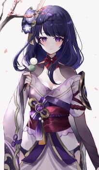 Rule 34 | 1girl, blue pupils, blunt bangs, blush, braid, branch, breasts, bridal gauntlets, cherry blossoms, cleavage, closed mouth, clothing cutout, commentary, dango, eating, falling petals, fan hair ornament, food, genshin impact, grey background, hair ornament, highres, holding, holding food, japanese clothes, kimono, large breasts, lingerie, long hair, looking at viewer, mitsudomoe (shape), mole, mole under eye, multicolored eyes, neck ribbon, nirako mona, off shoulder, petals, pink petals, purple eyes, purple hair, purple kimono, raiden shogun, red ribbon, red sash, ribbon, sash, shade, shoulder cutout, shy, solo, tomoe (symbol), tree, underwear, wagashi, wide sleeves