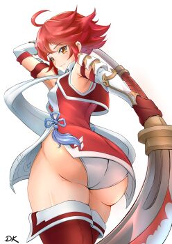1girl ahoge arm_guards armor artist_name ass boots breasts brown_eyes closed_mouth commentary_request deekei dress dutch_angle fire_emblem fire_emblem_fates from_behind gloves highres hinoka_(fire_emblem) holding holding_weapon huge_ass japanese_clothes lisp naginata nintendo panties pantyshot polearm red_boots red_hair scarf shiny_skin short_dress short_hair signature simple_background sleeveless small_breasts smile solo spear standing thick_thighs thigh_boots thighhighs thighs underwear weapon white_background white_panties white_scarf