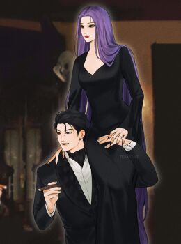 1boy 1girl absurdly_long_hair alternate_costume alternate_hairstyle artist_name ascot black_ascot black_dress black_hair black_jacket black_nails blazer brown_eyes carrying cigar closed_mouth collared_shirt commentary cosplay door dress earrings fang film_grain fingernails gomez_addams gomez_addams_(cosplay) hair_slicked_back hand_on_another's_hand hand_on_another's_shoulder hand_on_another's_thigh hashtag-only_commentary highres holding holding_cigar indoors jacket jewelry jinu_(kpop_demon_hunters) kpop_demon_hunters light_smile long_dress long_fingernails long_hair long_sleeves looking_to_the_side morticia_addams morticia_addams_(cosplay) open_mouth outer_glow outline parted_hair photo_background red_lips rumi_(kpop_demon_hunters) shirt short_hair silver_earrings single_earring sitting_on_shoulder smile straight_hair symbol-only_commentary teeth tenartistt the_addams_family upper_teeth_only v-neck very_long_hair watermark white_outline white_shirt wide_sleeves