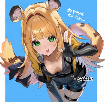 1girl :3 animal_ear_fluff animal_ears black_gloves blonde_hair blue_background blue_bow blush bow breasts colored_inner_hair commentary_request dot_nose downblouse ekakibito elbow_gloves fingerless_gloves furrowed_brow gloves green_eyes hair_intakes hand_up high-waist_shorts highres jacket ju_fufu leaning_forward loli long_hair looking_at_viewer multicolored_hair o-ring o-ring_thigh_strap open_clothes open_jacket open_mouth pillarboxed short-sleeved_jacket short_sleeves shorts simple_background small_breasts smile solo tail tail_bow tail_ornament thigh_strap thighs tiger_ears tiger_girl tiger_stripes tiger_tail very_long_hair very_long_tail yellow_jacket zenless_zone_zero