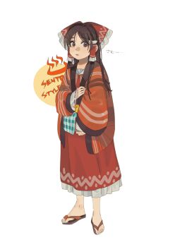 1girl absurdres black_eyes black_hair bow cardigan commentary_request frilled_bow frilled_hair_tubes frills full_body hair_bow hair_tubes hakurei_reimu highres long_hair looking_at_viewer red_cardigan rubber_duck sandals shi_chimi simple_background solo standing touhou translation_request white_background zouri