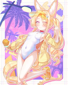 1girl animal_ear_fluff animal_ears blonde_hair blue_archive breasts clothing_cutout covered_navel cross_halo diamond_cutout fox_ears fox_girl fox_tail halo highleg highleg_one-piece_swimsuit highres holding holding_microphone jacket leaning_back loli long_hair microphone nozo.me official_alternate_costume official_alternate_hairstyle one-piece_swimsuit open-toe_shoes orange_eyes palm_tree seia_(blue_archive) seia_(swimsuit)_(blue_archive) shoes side_ponytail small_breasts solo standing standing_on_one_leg swimsuit tail tree visor_cap white_one-piece_swimsuit yellow_halo yellow_jacket yellow_shoes yellow_visor