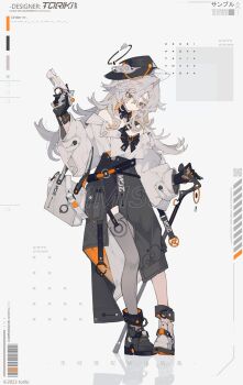 Rule 34 | 1girl, arm up, artist name, bag, bare shoulders, belt, black belt, black eyes, black gloves, black shoes, cane, chinese text, clipboard, closed mouth, collar, commentary, copyright notice, flat chest, full body, gloves, grey skirt, gun, hair between eyes, halo, handbag, handgun, hashtag-only commentary, hat, highres, holding, holding weapon, id card, jewelry, limited palette, long hair, long skirt, long sleeves, looking down, multiple belts, off shoulder, original, ribbon, shirt, shoes, skirt, solo, strap, thighhighs, toriki, untranslatable commentary, weapon, white background, white hair, white shirt, white shoes, wide sleeves