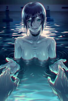1girl :d black_choker black_ribbon breasts chainsaw_man choker completely_nude green_eyes grenade_pin hair_between_eyes hands_up highres long_hair looking_at_viewer medium_breasts neck_ribbon night nude open_mouth partially_submerged pool pov pov_hands r777668 reflection reflective_liquid reze_(chainsaw_man) ribbon shiny_skin skinny_dipping smile water wet wet_hair