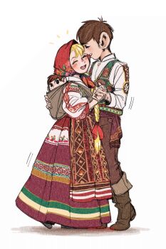 1boy 1girl 1other aatom87 ambiguous_gender arm_around_shoulder baby blonde_hair boots braid brown_boots brown_hair brown_pants chilchuck_tims commentary dress dungeon_meshi english_commentary hand_hair headscarf highres holding_hands if_they_mated long_dress long_hair marcille_donato marcille_donato_(half-foot) pants very_long_hair