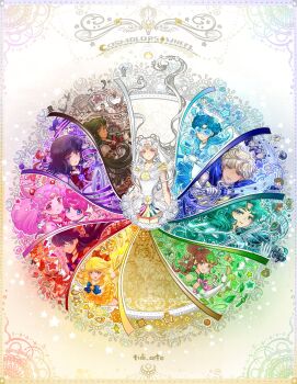 6+girls absurdres aino_minako aqua_hair arrow_(symbol) artist_name bad_id bad_twitter_id bird bishoujo_senshi_sailor_moon bishoujo_senshi_sailor_moon_stars black_cat black_hair blonde_hair blue-tinted_eyewear blue_bow blue_choker blue_eyes blue_sailor_collar blue_skirt bow bow_(music) bread bread_slice brown_hair cat character_request check_character chibi_chibi chibi_usa choker color_wheel_challenge crescent cropped_legs diadem earrings eighth_note elbow_gloves eye_mask floating_hair flower food food_in_mouth glasses gloves green_choker green_eyes green_hair green_sailor_collar grey_eyes hair_ribbon hat heart highres hino_rei holding holding_ofuda holding_staff holding_sword holding_weapon instrument jewelry kaiou_michiru kino_makoto long_hair luna_(sailor_moon) magical_girl mars_symbol mask medium_hair meiou_setsuna mizuno_ami mouth_hold multiple_drawing_challenge multiple_girls music musical_note musical_staff neptune_symbol ofuda opaque_glasses parted_bangs pink_bow pink_hair pink_sailor_collar playing_instrument ponytail purple_eyes purple_hair quarter_note rainbow_order red_bow red_choker red_eyes red_hair red_mask red_ribbon red_sailor_collar ribbon rose round_eyewear sailor_chibi_chibi sailor_chibi_moon sailor_collar sailor_cosmos sailor_jupiter sailor_mars sailor_mercury sailor_neptune sailor_pluto sailor_saturn sailor_senshi sailor_senshi_uniform sailor_uranus sailor_v sailor_venus see-through_clothes see-through_sleeves short_hair short_sleeves skirt smile staff star_(symbol) star_earrings super_sailor_chibi_moon_(stars) super_sailor_jupiter_(stars) super_sailor_mercury_(stars) super_sailor_neptune_(stars) super_sailor_pluto_(stars) super_sailor_saturn super_sailor_uranus_(stars) super_sailor_venus_(stars) sword ten&#039;ou_haruka tidi_arte tinted_eyewear toast toast_in_mouth tomoe_hotaru top_hat tsuki_ni_kawatte_oshioki_yo twintails unfinished violin weapon white_flower white_gloves white_hair white_rose yellow_bow yellow_sailor_collar