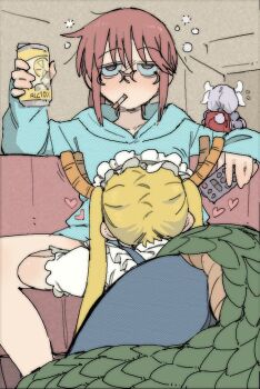 3girls beer_can blonde_hair blue_hoodie blush bottomless can cigarette controller couch dragon_girl dragon_horns dragon_tail drink_can drunk frilled_sleeves frills glasses heart hood hoodie horns implied_cunnilingus kanna_kamui kobayashi-san_chi_no_maidragon kobayashi_(maidragon) maid maid_headdress monster_girl multiple_girls pantsu-ripper ponytail red_hair remote_control scales tail tohru_(maidragon) twintails