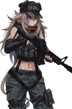 1girl abs alternate_costume alternate_eye_color animal_ear_headwear assault_rifle baseball_cap black_hat black_nails black_sleeves brown_hair bulletproof_vest commentary crop_top detached_sleeves eyewear_around_neck fake_animal_ears fingerless_gloves frown gloves green_eyes green_pants grey_hair gun hat highres holding holding_gun holding_weapon hololive light_frown long_hair midriff nail_polish navel pants peaked_cap pouch rasetsu001 rifle serious shishiro_botan sidelocks simple_background solo stomach tail thigh_pouch toned toned_female untranslatable_commentary virtual_youtuber weapon white_background