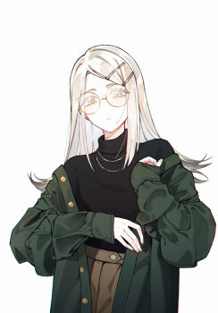1girl black_sweater blonde_hair earrings flipped_hair gakuen_idolmaster glasses gradient_hair green_jacket grey_hair hair_ornament hairclip hands_up highres idolmaster jacket jewelry long_hair long_sleeves looking_at_viewer multicolored_hair necklace off_shoulder open_clothes open_jacket orange_eyes parallel_hairclips parted_bangs parted_lips round_eyewear saber_qvq shinosawa_hiro simple_background solo stud_earrings sweater turtleneck turtleneck_sweater unbuttoned upper_body white_background