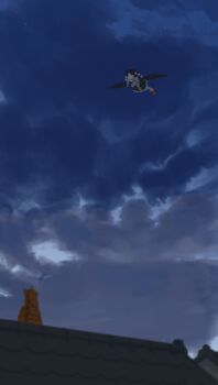 Rule 34 | 1girl, absurdres, bird wings, black hair, black skirt, blue sky, camera, cat, closed mouth, cloud, cloudy sky, commentary request, dauchimk 1, expressionless, flying, from below, full body, geta, highres, holding, holding camera, looking ahead, outdoors, pom pom hat ornament, puffy short sleeves, puffy sleeves, red eyes, red shoes, shameimaru aya, shirt, shoes, short hair, short sleeves, skirt, sky, solo, star (sky), starry sky, tengu-geta, tile roof, touhou, white shirt, wide shot, wings