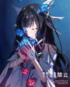 Rule 34 | 1girl, arm ribbon, bare shoulders, black hair, blue background, blue flower, columbina (genshin impact), dress, eye mask, flower, genshin impact, hair ornament, hair ribbon, highres, holding, holding flower, long hair, mask, multicolored hair, pink hair, red flower, ribbon, see-through clothes, see-through mask, solo, torisan love, two-tone hair, watermark, white dress, white ribbon, wing hair ornament