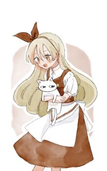 Rule 34 | 1girl, animal, apron, back bow, blonde hair, blush, bow, buttons, cat, commentary, ellen (touhou), enuchi (jvdm7888), hairband, highres, holding, holding animal, holding cat, long hair, open mouth, puffy short sleeves, puffy sleeves, red bow, red hairband, red skirt, red vest, shirt, short sleeves, skirt, solo focus, standing, touhou, touhou (pc-98), vest, waist apron, white apron, white background, white bow, white cat, white shirt, yellow eyes