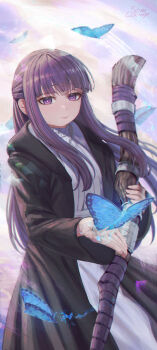 1girl black_coat blunt_bangs bug butterfly closed_mouth coat commentary dress english_commentary fern_(sousou_no_frieren) glowing_butterfly highres insect long_hair long_sleeves looking_at_viewer mage_staff purple_eyes purple_hair samlooop signature sousou_no_frieren staff straight_hair white_dress