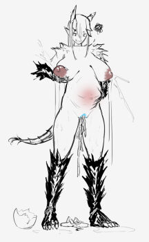 animal_legs breasts cracked_egg dark-skinned_female dark_nipples dark_skin dragon_girl dragon_horns dragon_tail egg fangs full_body hand_milking hand_on_own_stomach horns inonice01 lactation long_hair monster_girl navel nipples original partially_colored postpartum projectile_lactation scales simple_background sketch standing tail umbilical_cord white_background white_hair