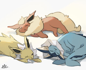 animal_focus closed_eyes closed_mouth commentary_request flareon gen_1_pokemon highres jolteon lying nintendo no_humans one_eye_closed pokemon pokemon_(creature) shadow signature simple_background sleeping torank_cdk vaporeon white_background