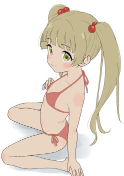 1girl bikini blonde_hair closed_mouth commentary_request flat_chest green_eyes highres idolmaster idolmaster_cinderella_girls loli looking_at_viewer micro_bikini red_bikini side-tie_bikini_bottom sitting smile solo swimsuit takku twintails wariza yokoyama_chika