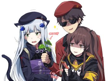 1boy 2girls 404_logo_(girls'_frontline) animal_ears armband arrow_(symbol) beret black_gloves black_hair black_jacket black_ribbon brown_eyes brown_hair candy candy_bar cat_ears cat_girl cat_tail catnip commander_(girls'_frontline) commentary_request english_text fingerless_gloves food german_text girls'_frontline gloves green_eyes griffin_&amp;_kryuger_military_uniform hair_ornament hat highres hk416_(girls'_frontline) jacket lix_(iroiro3843) long_hair looking_away military military_hat military_jacket military_uniform multiple_girls plant red_jacket ribbon scar scar_across_eye scar_on_face shaded_face side_ponytail silver_hair sparkle sunglasses sweatdrop tail ump45_(girls'_frontline) white_background