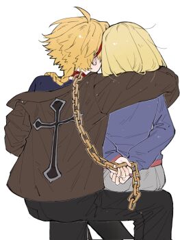 Rule 34 | 1boy, 1girl, ahoge, animal collar, arms behind back, blonde hair, braid, brown jacket, chain, chain leash, collar, fate/strange fake, fate (series), food, from behind, hashtag-only commentary, highres, holding, holding food, holding leash, invisible chair, jacket, leash, long hair, multicolored hair, red streaks, richard i (fate), sajou ayaka (fate/strange fake), short hair, shuouyu, simple background, sitting, sitting on lap, sitting on person, streaked hair, two-tone hair, white background