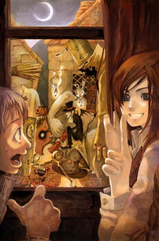 1boy 1girl acrylic_paint_(medium) black_eyes blue_eyes brown_hair creature crescent curtains dated_commentary finger_to_mouth grey_hair grin hands_up hat house indoors jack-o'-lantern long_hair long_sleeves looking_at_another looking_through_window moonlight night on_roof open_mouth original painting_(medium) parade people pointing riding riding_animal shirt shushing small_sweatdrop smile top_hat traditional_media white_shirt window wing_collar yamamoto_yamato