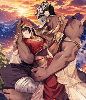 1boy 1girl armlet bandaged_leg bandages bara black_hair breasts cleavage closed_eyes dark-skinned_male dark_skin dress earrings gold_necklace height_difference helmet henna hetero hime_cut hood hood_up hug indian_clothes jewelry large_breasts long_hair looking_at_viewer medium_breasts mountain muscular muscular_arms muscular_male necklace pectoral_cleavage pectorals protagonist_2_(housamo) red_dress shirt shiva_(housamo) sleeveless sleeveless_shirt sunset tass_commuovere tokyo_houkago_summoners
