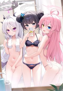 3girls absurdres after_bathing ahoge artist_name ass aviary black_bra black_hair black_panties blue_archive blush bow bow_bra bow_panties bra breasts butterfly_hair_ornament cellphone collarbone commentary completely_nude convenient_censoring covered_erect_nipples covering_crotch covering_privates demon_horns demon_wings double_bun grey_hair groin hair_bun hair_flaps hair_ornament halo heterochromia highres hina_(blue_archive) holding holding_phone horns hoshino_(blue_archive) indoors kisaki_(blue_archive) lace lace_bra lace_panties lingerie loli long_hair looking_at_viewer mirror mirror_selfie multiple_girls navel nude panties phone pink_hair reflection revision selfie small_breasts smile stomach straight_hair towel towel_around_breasts towel_around_neck trait_connection twintails underwear underwear_only very_long_hair white_bra white_panties wings