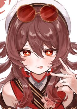 Rule 34 | 1girl, bare shoulders, boo tao (genshin impact), brown hair, commentary request, dress, enunu 7e, eyewear on head, flower, flower-shaped pupils, genshin impact, ghost, hair rings, hat, highres, hu tao (cherries snow-laden) (genshin impact), hu tao (genshin impact), long hair, looking at viewer, official alternate costume, red-tinted eyewear, red goggles, round eyewear, sleeveless, sleeveless dress, sunglasses, symbol-shaped pupils, tinted eyewear, tongue, tongue out, upper body, white background, white hat, yellow-framed eyewear
