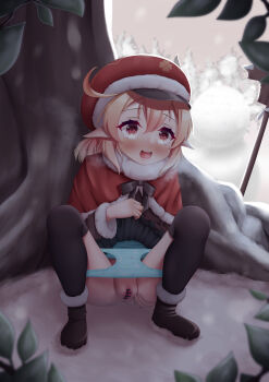 1girl absurdres atelier_rinoaex behind_tree blonde_hair blush censored clothes_lift elf full_body genshin_impact hat headgear highres huge_filesize klee_(genshin_impact) loli open_mouth outdoors panties panty_pull pointy_ears pussy red_eyes sitting skirt skirt_lift snow solo spread_legs spread_pussy steam tree underwear