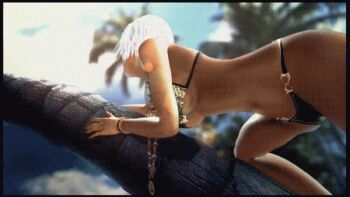 1girl animated animated_gif ass bikini bouncing_breasts breasts christie_(doa) cleavage climbing climbing_tree dead_or_alive dead_or_alive_xtreme_2 female_focus hanging_breasts jewelry large_breasts legs navel necklace sideboob solo swimsuit tecmo thong underboob
