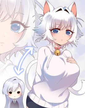 2girls absurdres animal_ears arrow_(symbol) bell blue_eyes breasts cat_ears cat_tail chibi chibi_inset choker commentary drawstring eiai_nano erigo expressionless hair_intakes hand_on_own_chest heart heart_in_eye highres hood hood_down hoodie jingle_bell kimi_no_koto_ga_dai_dai_dai_dai_daisuki_na_100-nin_no_kanojo large_breasts long_hair long_sleeves multiple_girls neck_bell nekonari_tama personality_switch pink_choker short_hair solid_oval_eyes symbol_in_eye tail white_hair white_hoodie zoom_layer