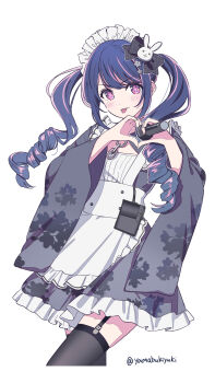 1girl black_bow black_dress black_hair blush bow dress drill_hair hair_bow heart heart_hands highres holding holding_microphone hoshino_ai japanese_clothes long_hair maid maid_headdress microphone oshi_no_ko purple_eyes purple_hair simple_background solo star-shaped_pupils star_(symbol) symbol-shaped_pupils tongue tongue_out twin_drills wa_maid white_background yamabukiyuki