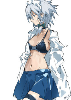 1girl absurdres artist_name black_bra black_choker blue_skirt bow bra braid breasts choker closed_mouth collarbone commentary_request cowboy_shot gloves green_bow grey_hair hair_bow highres izayoi_sakuya kakaricho_dairi long_hair long_sleeves maid_headdress navel open_clothes open_shirt simple_background skirt small_breasts solo thigh_strap touhou underwear white_background white_gloves