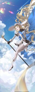 Rule 34 | 1girl, 672198594, absurdres, black gloves, blonde hair, blue sky, boots, cane, floating, gloves, hat, highres, holding, holding cane, long hair, long sleeves, open mouth, pantyhose, phoebe (wuthering waves), purple eyes, skirt, sky, solo, tacet mark (wuthering waves), white boots, white hat, white pantyhose, white skirt, wuthering waves