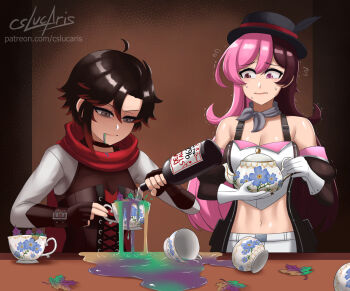 2girls alcohol artist_name bags_under_eyes black_hair bottle bowler_hat breasts brown_hair cape cloak cslucaris cup gradient_hair grey_eyes hat heterochromia highres holding holding_cup long_hair medium_breasts midriff multicolored_hair multiple_girls navel neopolitan_(rwby) pink_eyes pink_hair red_cape red_hair ruby_rose rwby shaking shiny_skin short_hair signature split-color_hair spoilers two-tone_hair