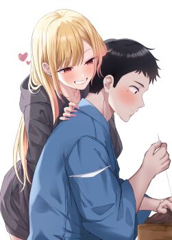 1boy 1girl absurdres black_hair black_hoodie blonde_hair blue_kimono blush closed_mouth collarbone commentary_request fingernails gojou_wakana grey_eyes grin hand_on_another's_shoulder heart highres hood hood_down hoodie japanese_clothes kimono kitagawa_marin long_fingernails long_hair long_sleeves mole mole_under_eye nail_polish needle norazura pink_nails profile red_eyes sewing sewing_needle simple_background smile sono_bisque_doll_wa_koi_wo_suru very_long_hair white_background wide_sleeves
